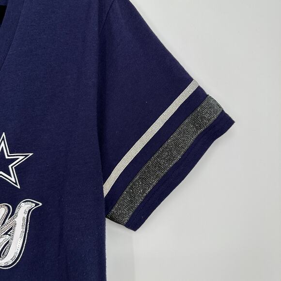 Dallas Cowboy Navy Dallas Cowboys Miko Glitter Trim V-Neck T-Shirt Womens Large - Picture 6 of 7